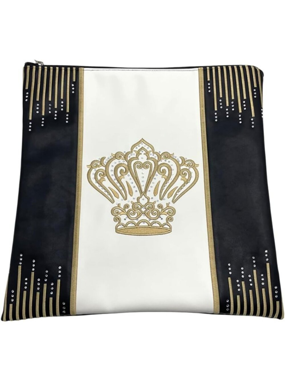 Elegant Tallit Bag with Gold Crown Embroidery, Rhinestone Accents, Zip Closure